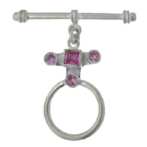 Sterling Silver, 16.7mm Width by 27.3mm Length by 4.2mm Thickness, Fancy Toggle Clasp Ring with Four Rose Quartz Stones and 4.0mm Width by 33.4mm Length, Toggle Clasp Bar. Quantity Per Pack: 1 Pair.