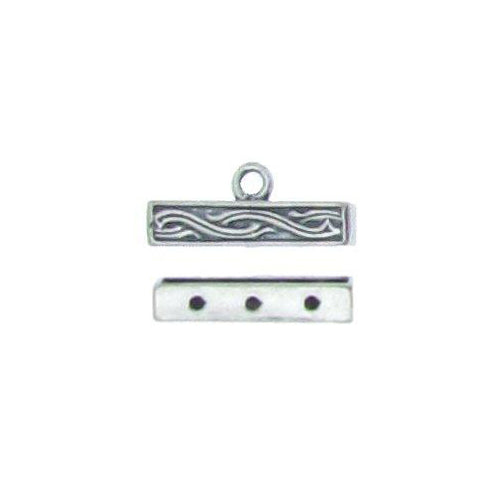 Sterling Silver Oxidized, 16.5mm Width by 3.2mm Length by 6.9mm Height, 3 Strand Fancy Bar Connector with 3.4mm Fix Ring at the top. Quantity Per Pack: 2 Pieces.