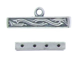 Sterling Silver Oxidized, 20.6mm Width by 3.3mm Length by 7.0mm Height, 4 Strand Fancy Bar Connector with 3.4mm Fix Ring at the top. Quantity Per Pack: 2 Pieces.