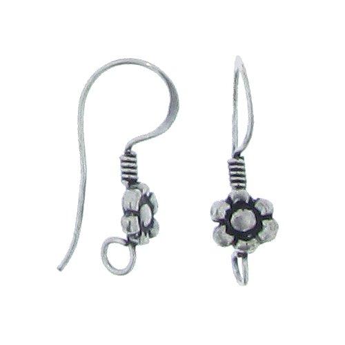 Sterling Silver Oxidized, 22.0 Gauge, 11.6mm Width by 7.0mm Length by 24.3mm Height, Flower Fancy Ear Wire with Coil and 3.7mm Loop at bottom. Quantity Per Pack: 20 Pieces.