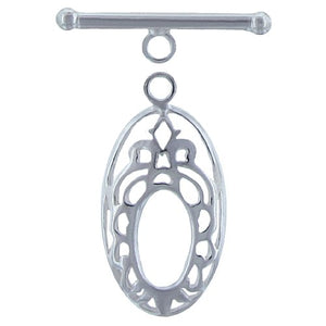 Sterling Silver, 24.7mm Width by 14.8mm Height by 2.4mm Thickness, Smooth Filigree Oval Toggle Clasp Ring, and 3.1mm Width by 26.2mm Length, Plain Toggle Clasp Bar. Quantity Per Pack: 2 Pieces.