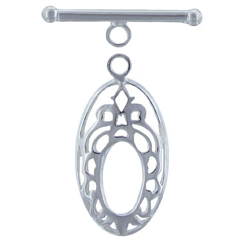 Sterling Silver, 24.7mm Width by 14.8mm Height by 2.4mm Thickness, Smooth Filigree Oval Toggle Clasp Ring, and 3.1mm Width by 26.2mm Length, Plain Toggle Clasp Bar. Quantity Per Pack: 2 Pieces.