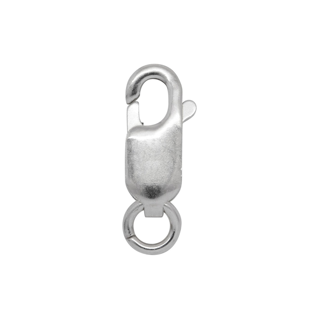 Clasps. Sterling Silver 5.55mm Width by 11.75mm Length by 2.60mm Thick, Plain Lobster Clasp With 4.45mm Width / Length Open Ring towards the top side. Quantity Per Pack: 10 Pieces.