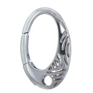 Sterling Silver, 19.4mm Width by 5.4mm Length by 30.6mm Height, Filigree Textured Oval Push-Release Clasp with Strand Hole at the bottom. Quantity Per Pack: 1 Piece.