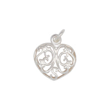 Load image into Gallery viewer, Sterling Silver, 14.4mm Width by 1.9mm Length by 15.4mm Height, Filigree Heart Charm. Quantity Per Pack: 5 Pieces.
