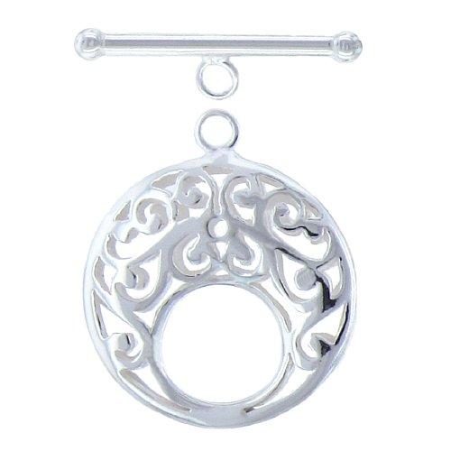 Sterling Silver, 24.1mm Width by 3.7mm Length by 28.5mm Height, Filigree Round Toggle Clasp Ring and 32.6mm Width by 4.0mm Length, Plain Toggle Clasp Bar. Quantity Per Pack: 2 Pairs.