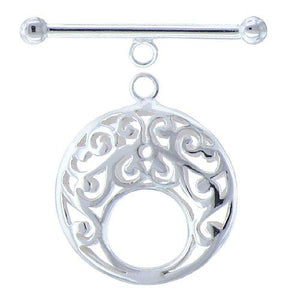 Sterling Silver, 24.3mm Width by 6.1mm Length by 28.6mm Height, Filigree Round Toggle Clasp Ring and 26.2mm Width by 3.0mm Length, Plain Toggle Clasp Bar. Quantity Per Pack: 1 Pair.