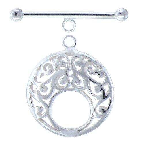 Sterling Silver, 24.3mm Width by 6.1mm Length by 28.6mm Height, Filigree Round Toggle Clasp Ring and 26.2mm Width by 3.0mm Length, Plain Toggle Clasp Bar. Quantity Per Pack: 1 Pair.