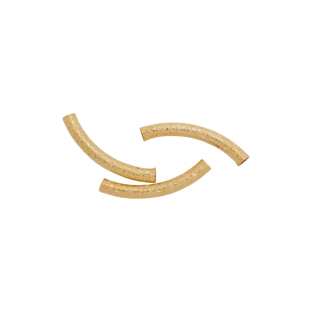 Tubes. 14kt Gold Filled 3.23mm Width by 24.8mm Length, Textured Curved Tube. Quantity Per Pack: 6 Pieces.