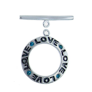 Sterling Silver, 21.5mm Width by 21.3mm Length by 2.4mm Thickness, "Love" Circle Toggle Clasp with 4 2.1mm Crystals and 2.1mm Width by 24.5mm Length, Curved Toggle Clasp Bar. Quantity Per Pack: 1 Pair.