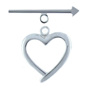 Sterling Silver, 16.6mm Width by 16.7mm Length by 1.5mm Thickness, Smooth Heart Toggle Clasp, and 1.9mm Width by 24.2mm Length, Smooth Arrow-Shaped Toggle Clasp Bar. Quantity Per Pack: 2