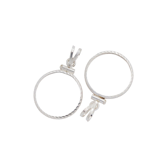 Settings. Sterling Silver 18.65mm Width by 2.00mm Thick, Corrugated Coin Mount with 8.25mm Height by 3.70mm Length by 5.45mm Width Bail. Quantity Per Pack: 1 Piece.