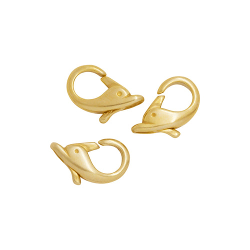 Clasps. Sterling Silver Gold Plated 8.60mm Width by 14.80mm Length by 3.58mm Thick, Dolphin Lobster Clasp With 3.40mm Width / Length Fix Ring. Quantity Per Pack: 5 Pieces.