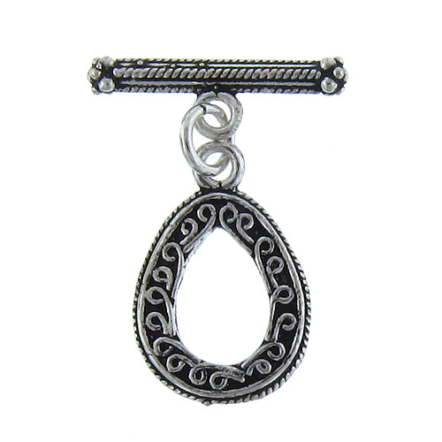 Sterling Silver, 14.8mm Width by 17.7mm Height by 2.6mm Thickness, Textured Fancy Tear Drop Toggle Clasp Ring, and 2.4mm Width by 21.9mm Length, Textured Toggle Clasp Bar. Quantity Per Pack: 1 Piece.