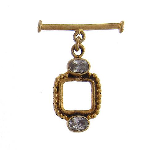 Sterling Silver Gold Plated / Vermeil, 13.7mm Width by 25.2mm Height, Beaded Square Toggle Clasp Ring with Two 6.5mm Crystals and 22.9mm Length, Plain Toggle Clasp Bar. Quantity Per Pack: 1 Pair.