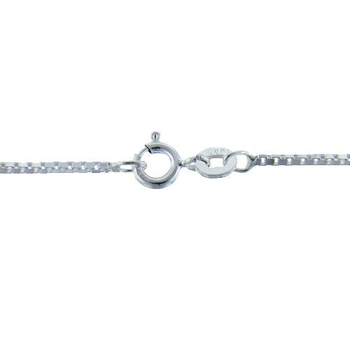 Sterling Silver, 1.2mm Width / Length, 18 Inch Square Box Chain with 5.4mm Width / Length by 1.3mm Thick, Smooth Spring Ring Clasp. Quantity Per Pack: 5 Pieces.