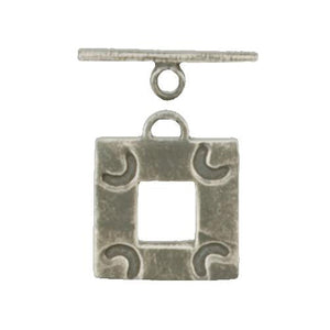 Clasps. Sterling Silver 18.8mm Width by 18.8mm Height, Square Toggle Clasp with 6.2mm Fixed Ring Towards Top of the Engraved Toggle Ring and a Bar with Fixed Ring on the Top. Quantity Per Pack: 2 Pairs.