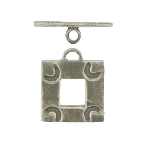 Clasps. Sterling Silver 18.8mm Width by 18.8mm Height, Square Toggle Clasp with 6.2mm Fixed Ring Towards Top of the Engraved Toggle Ring and a Bar with Fixed Ring on the Top. Quantity Per Pack: 2 Pairs.