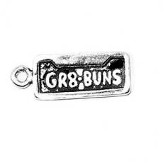 Charms. Sterling Silver, 7.0mm Width by 1.3mm Length by 18.7mm Height, GR8-BUNS (Great Buns) Vanity Plate Charm. Quantity Per Pack: 1 Piece.