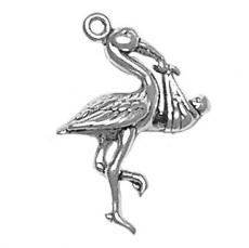 Charms. Sterling Silver, 18.4mm Width by 6.8mm Length by 25.9mm Height, Stork With Baby Charm. Quantity Per Pack: 1 Piece.