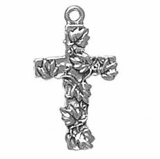 Charms. Sterling Silver, 14.3mm Width by 2.5mm Length by 25.0mm Height, Cross With Leaves Charm. Quantity Per Pack: 1 Piece.