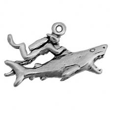 Charms. Sterling Silver, 23.3mm Width by 7.5mm Length by 13.0mm Height, Scuba Diver With Shark Charm. Quantity Per Pack: 1 Piece.