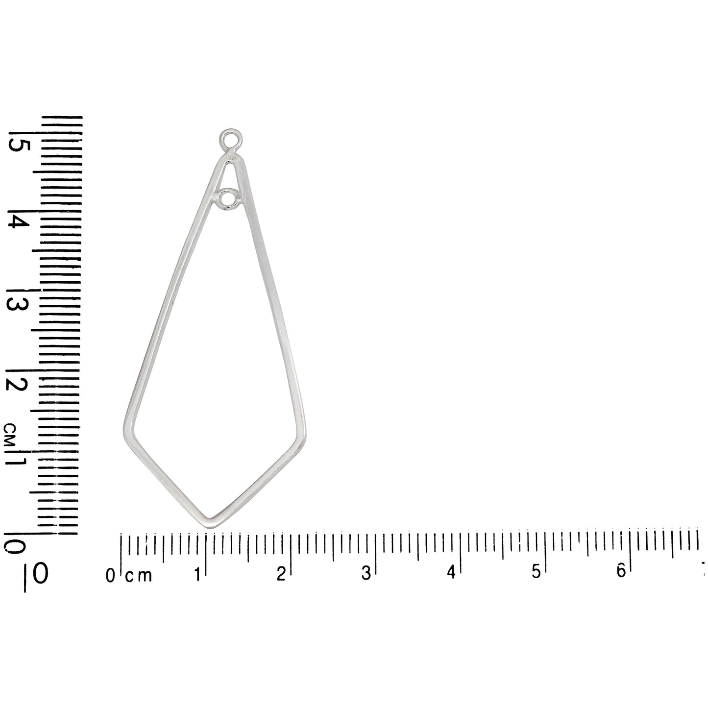 Sterling Silver, 21.0mm Width by 49.4mm Length, Kite Chandelier With 2.8mm Width / Length Smooth Fix Ring on the top of inside and outside of the Chandelier. Quantity Per Pack: 6 Pieces.