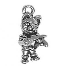 Charms. Sterling Silver, 7.6mm Width by 6.2mm Length by 16.2mm Height, Kitten Playing Fiddle Charm. Quantity Per Pack: 1 Piece.