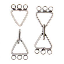 Load image into Gallery viewer, Sterling Silver, 14.2mm Width by 23.3mm Length, 3 Strand Triangle Eye with 13.9mm Width by 17.3mm Length Triangle Hook, Triangle Hook &amp; Eye Clasp. Quantity Per Pack: 1 Pair.
