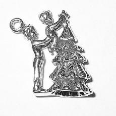 Charms. Sterling Silver, 16.2mm Width by 9.5mm Length by 19.1mm Height, Father & Son Decorating Christmas Tree Charm. Quantity Per Pack: 1 Piece.