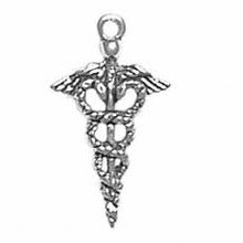 Load image into Gallery viewer, Charms. Sterling Silver, 12.5mm Width by 3.2mm Length by 21.9mm Height, Caduceus / Medical Symbol Charm. Quantity Per Pack: 1 Piece.
