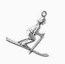 Load image into Gallery viewer, Charms. Sterling Silver, 21.8mm Width by 7.0mm Length by 20.2mm Height, Female Snow Skier Charm. Quantity Per Pack: 1 Piece.
