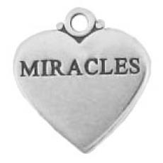 Charms. Sterling Silver, 17.1mm Width by 1.0mm Length by 18.2mm Height, "Miracles" Heart Charm. Quantity Per Pack: 1 Piece.