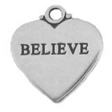 Charms. Sterling Silver, 17.1mm Width by 1.0mm Length by 18.3mm Height, "Believe" Heart Charm. Quantity Per Pack: 1 Piece.