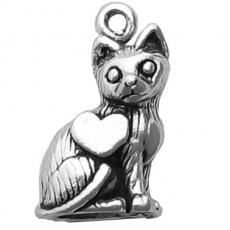 Charms. Sterling Silver, 13.2mm Width by 8.0mm Length by 19.9mm Height, Cat With Heart Charm. Quantity Per Pack: 1 Piece.