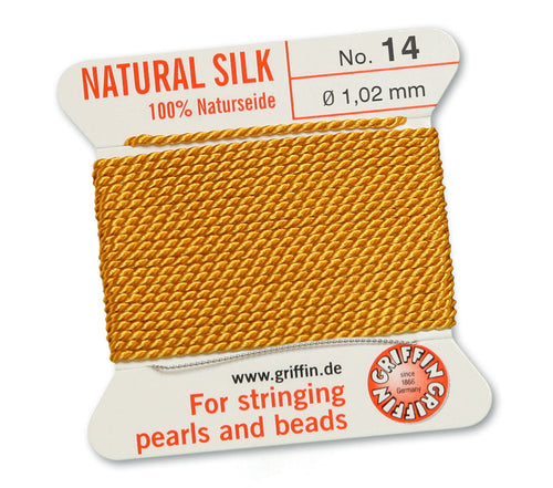 Silk Cord. Griffin, #14 Amber, 1.02mm Diameter, 2 Meter Natural Silk Beading Cord. Spools sold per pack - 1 Spool.