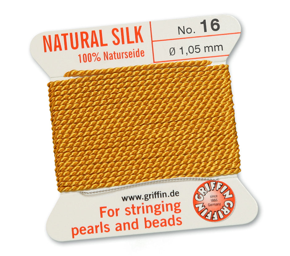 Silk Cord. Griffin, #16 Amber, 1.05mm Diameter, 2 Meter Natural Silk Beading Cord. Spools sold per pack - 1 Spool.