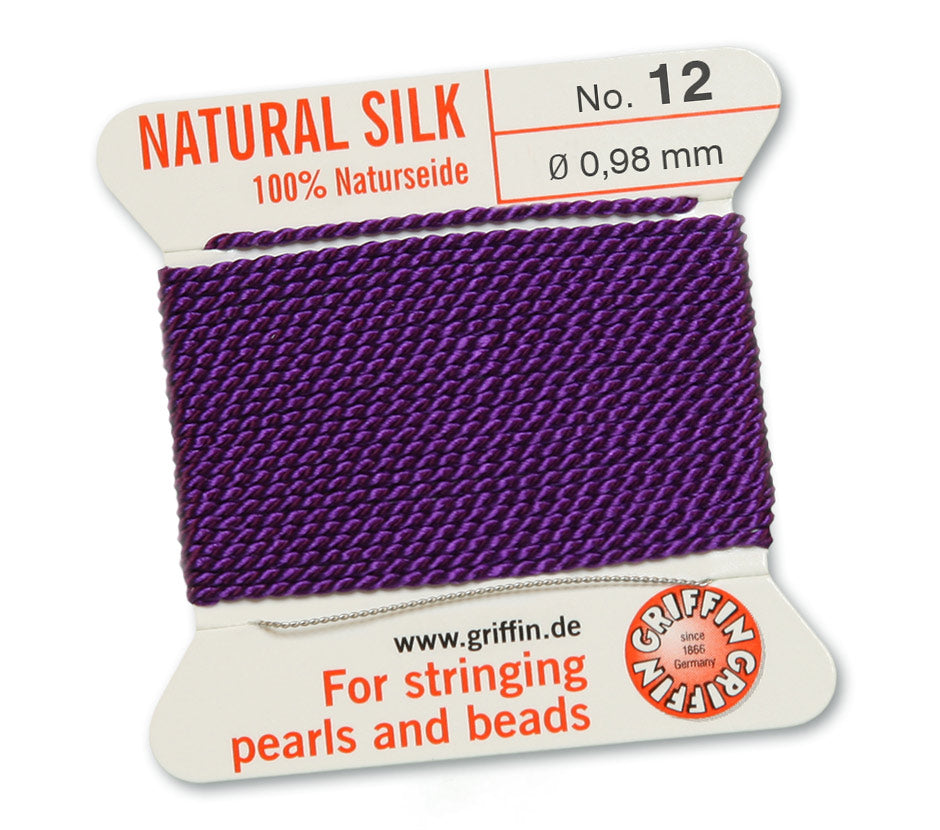 Silk Cord. Griffin, #12 Amethyst, 0.98mm Diameter, 2 Meter Natural Silk Beading Cord. Spools sold per pack - 1 Spool.