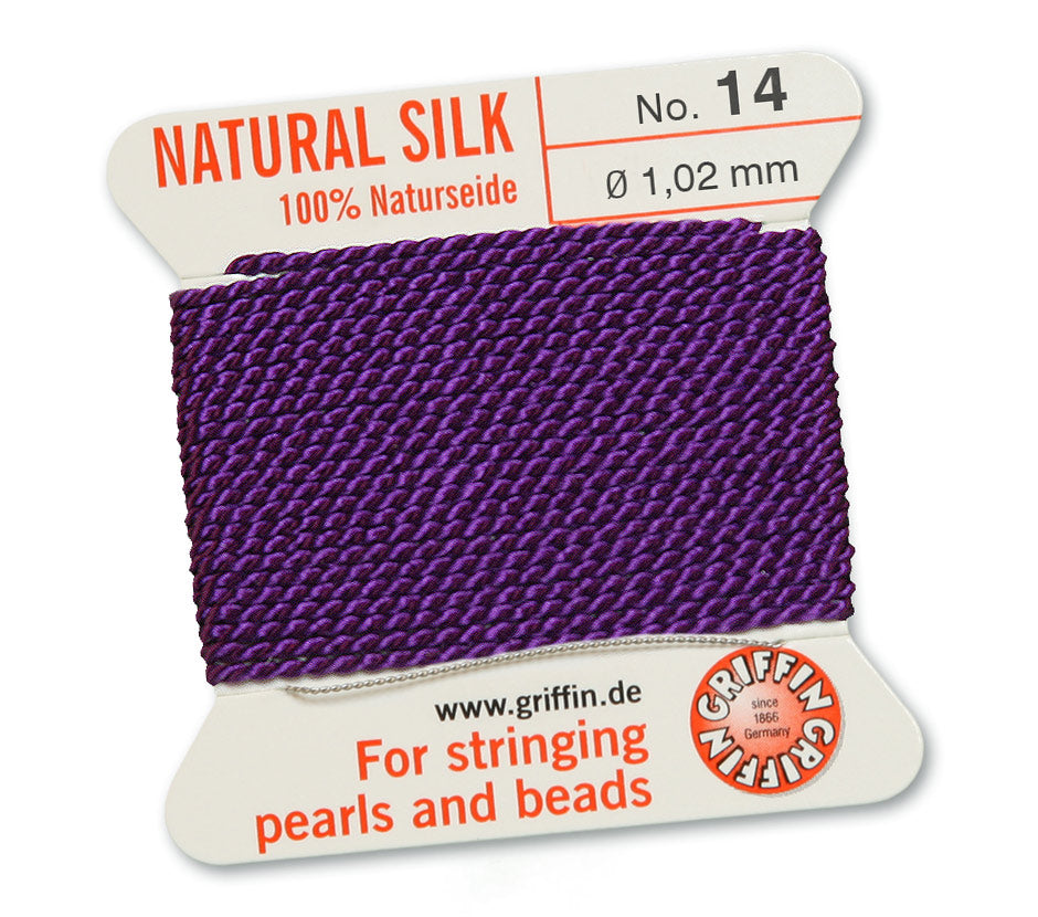 Silk Cord. Griffin, #14 Amethyst, 1.02mm Diameter, 2 Meter Natural Silk Beading Cord. Spools sold per pack - 1 Spool.