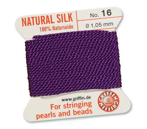 Silk Cord. Griffin, #16 Amethyst, 1.05mm Diameter, 2 Meter Natural Silk Beading Cord. Spools sold per pack - 1 Spool.