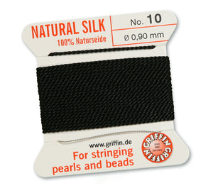 Silk Cord. Griffin, #10 Black, 0.90mm Diameter, 2 Meter Natural Silk Beading Cord. Spools sold per pack - 1 Spool.