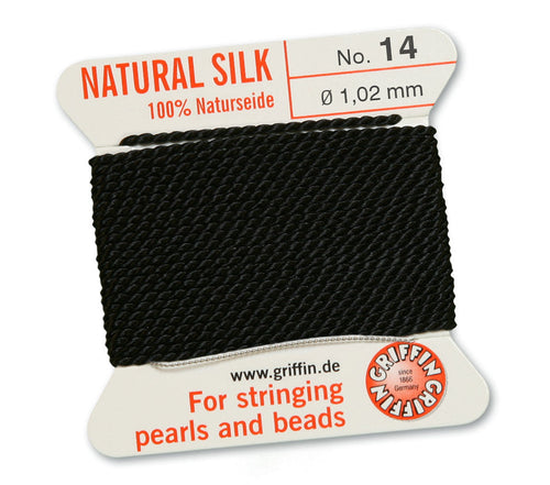 Silk Cord. Griffin, #14 Black, 1.02mm Diameter, 2 Meter Natural Silk Beading Cord. Spools sold per pack - 1 Spool.