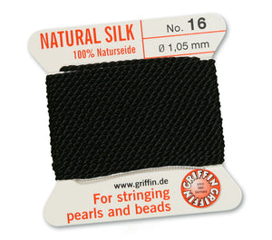 Silk Cord. Griffin, #16 Black, 1.05mm Diameter, 2 Meter Natural Silk Beading Cord. Spools sold per pack - 1 Spool.