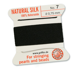 Silk Cord. Griffin, #7 Black, 0.75mm Diameter, 2 Meter Natural Silk Beading Cord. Spools sold per pack - 1 Spool.