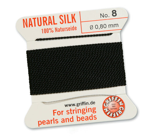 Silk Cord. Griffin, #8 Black, 0.80mm Diameter, 2 Meter Natural Silk Beading Cord. Spools sold per pack - 1 Spool.