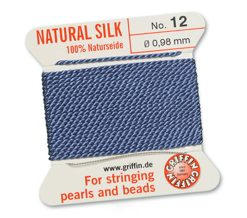 Silk Cord. Griffin, #12 Blue, 0.98mm Diameter, 2 Meter Natural Silk Beading Cord. Spools sold per pack - 1 Spool.