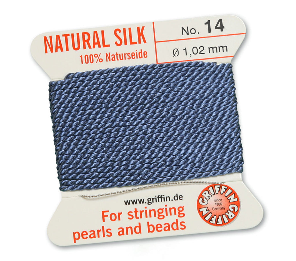 Silk Cord. Griffin, #14 Blue, 1.02mm Diameter, 2 Meter Natural Silk Beading Cord. Spools sold per pack - 1 Spool.