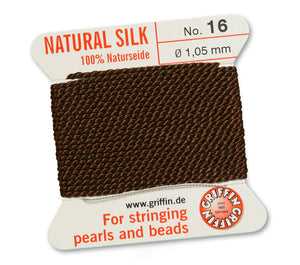 Silk Cord. Griffin, #16 Brown, 1.05mm Diameter, 2 Meter Natural Silk Beading Cord. Spools sold per pack - 1 Spool.