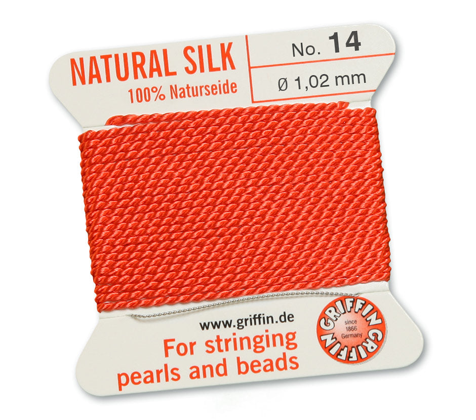 Silk Cord. Griffin, #14 Coral, 1.02mm Diameter, 2 Meter Natural Silk Beading Cord. Spools sold per pack - 1 Spool.
