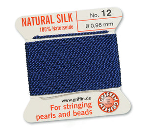 Silk Cord. Griffin, #12 Dark Blue, 0.98mm Diameter, 2 Meter Natural Silk Beading Cord. Spools sold per pack - 1 Spool.